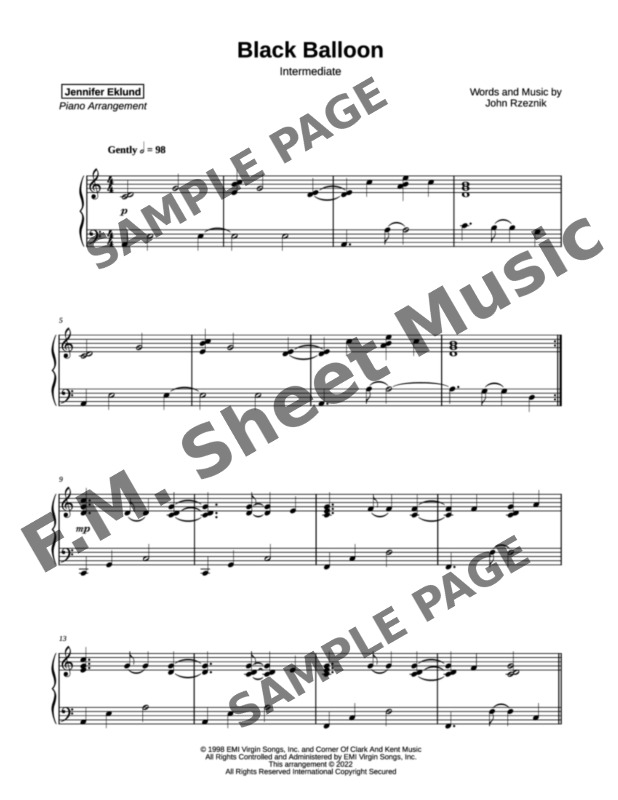 Black Balloon (Intermediate Piano) By Goo Goo Dolls F.M. Sheet Music